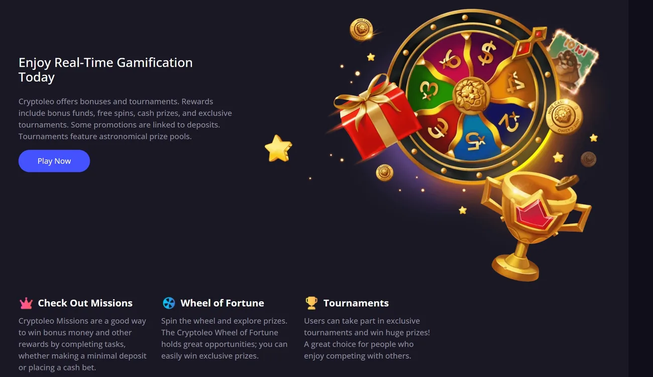 La ilustración de misiones de Cryptoleo: una ruleta de premios dorada, una caja de regalo roja, un trofeo y varias monedas de oro, dos de ellas acuñadas con las palabras NINE CASINO.