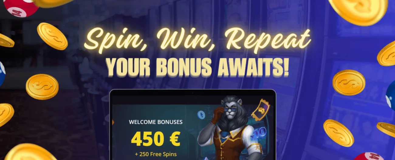 Una segunda promoción de Cryptoleo, con monedas cayendo alrededor de las palabras Spin, Win, Repeat — your bonus awaits, sobre un portátil que muestra WELCOME BONUSES 450 euros más 250 giros gratis.
