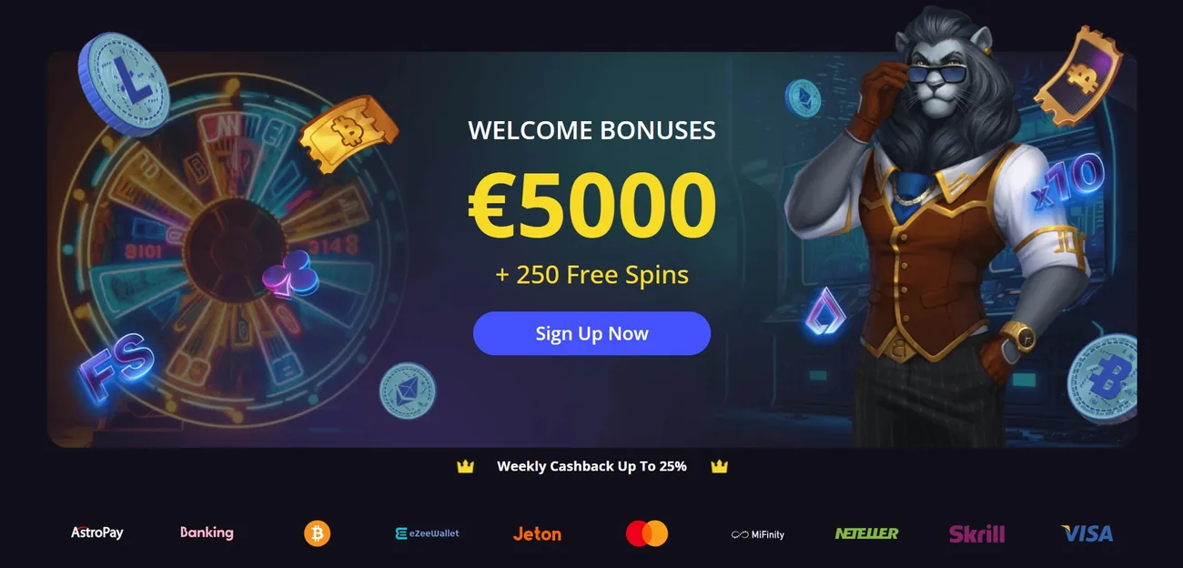 El banner del bono de bienvenida de Cryptoleo: un león trajeado con gafas de sol junto a una ruleta de premios de neón, el titular WELCOME BONUSES, la cifra 5000 euros y la línea más 250 giros gratis sobre un botón Sign Up Now, con una fila de logotipos de pago debajo.