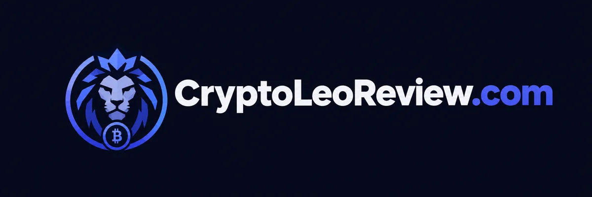 Un banner azul marino oscuro con la marca de este sitio —una cabeza de león con corona dentro de un anillo y una moneda debajo— y el logotipo CryptoLeoReview.com al lado.
