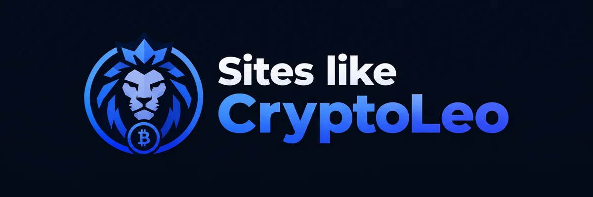 Un banner azul marino oscuro con la marca del león coronado y las palabras Sites like CryptoLeo en blanco y azul.